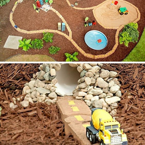 Decoração: pista de carrinho no jardim